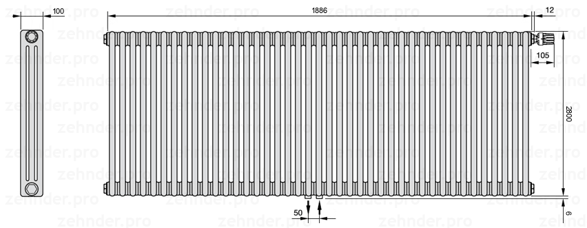 Схема (чертеж) Радиатор Zehnder Charleston 3280/41 №V008 Белый глянцевый RAL 9016